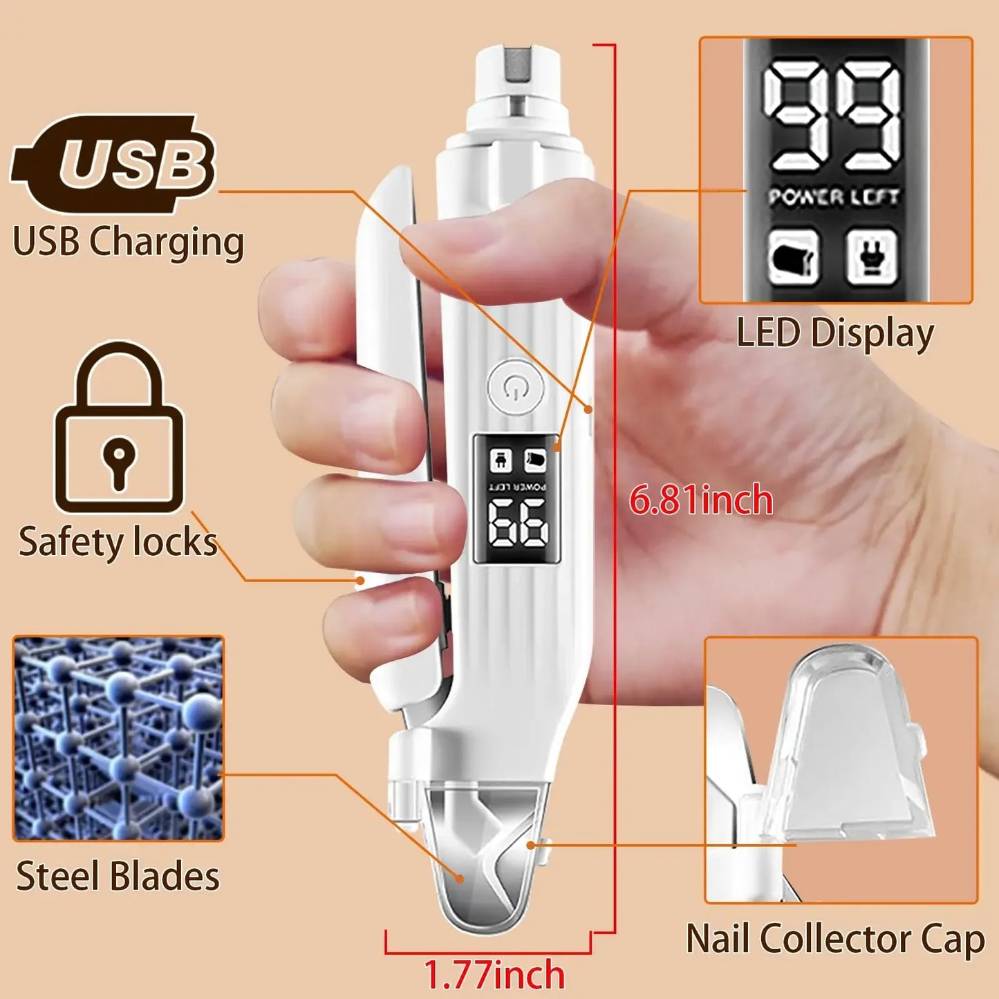 New Pet Nail Clipper with LED Light, Nail Grinder Prevent Injury Low Noise USB Rechargeable, Electric Nail Clipper with Display